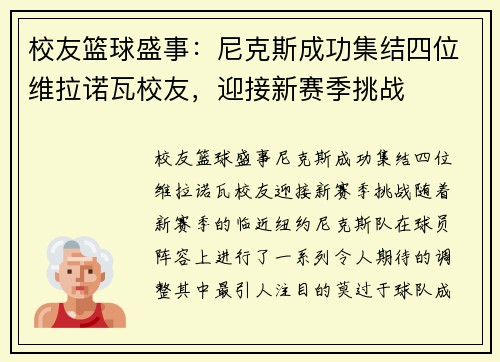 校友篮球盛事：尼克斯成功集结四位维拉诺瓦校友，迎接新赛季挑战