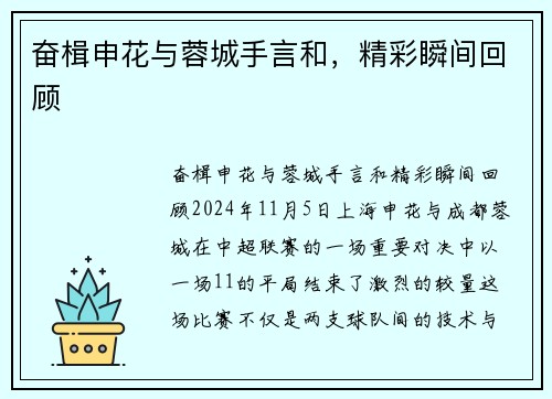 奋楫申花与蓉城手言和，精彩瞬间回顾