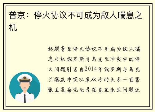 普京：停火协议不可成为敌人喘息之机